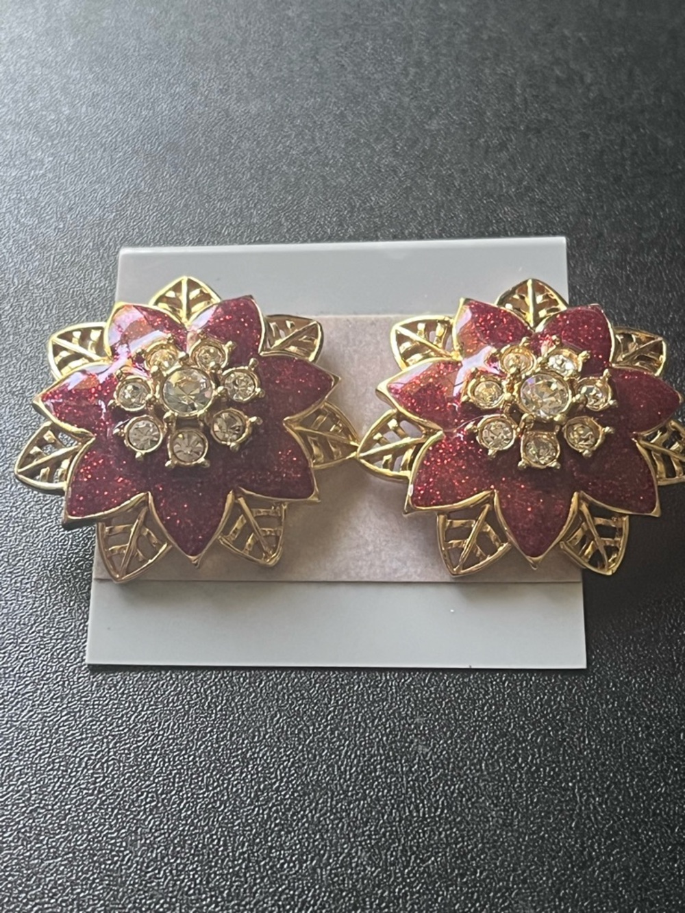 Vtg 1992 Avon Festive Sparkle Poinsettia Earrings Red Enamel